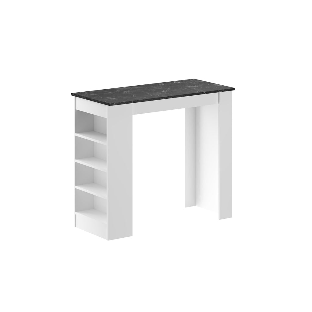 White kitchen bar table with dark top and left-side storage shelves