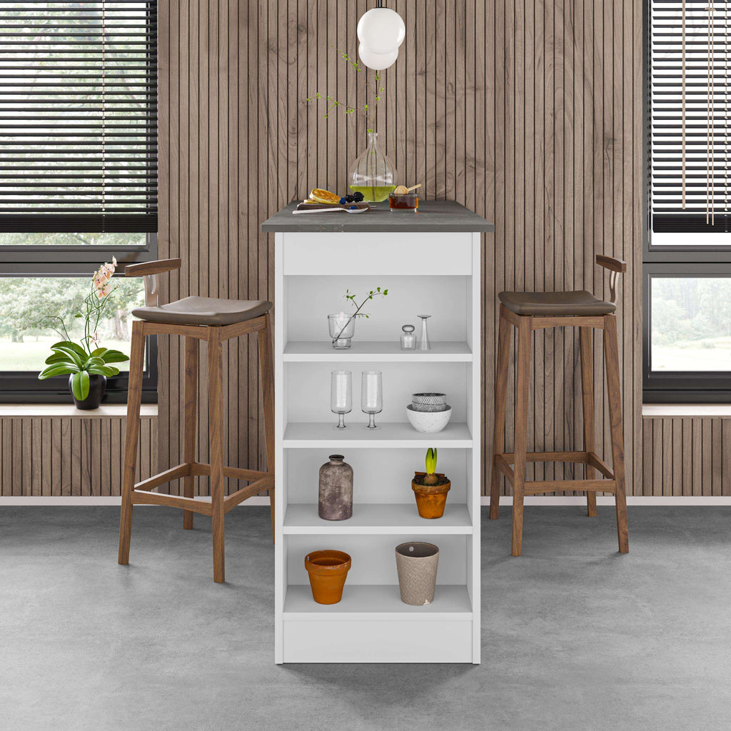 Modern kitchen bar table with open shelving and built-in cubbies for decor