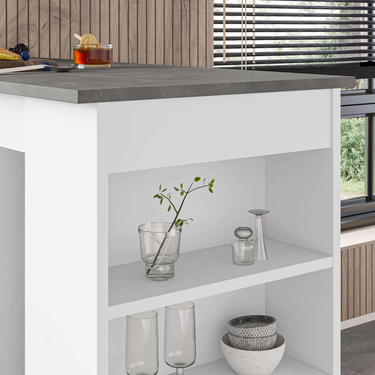 Modern kitchen bar table close-up: dark countertop with open storage shelves