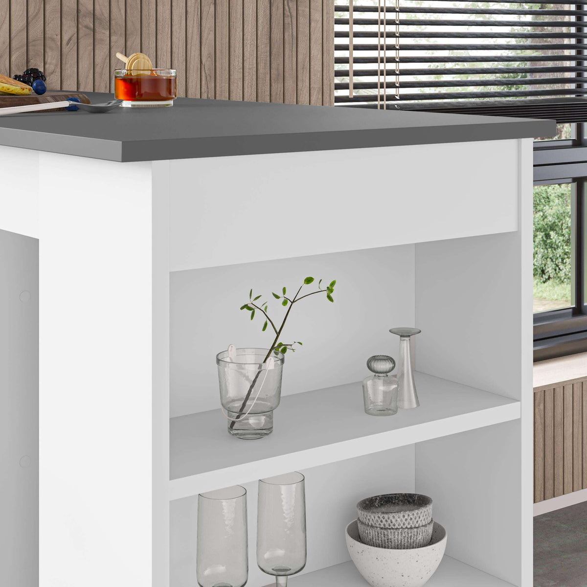 White and gray bar table storage compartment with jars, vase, and bowls on shelves