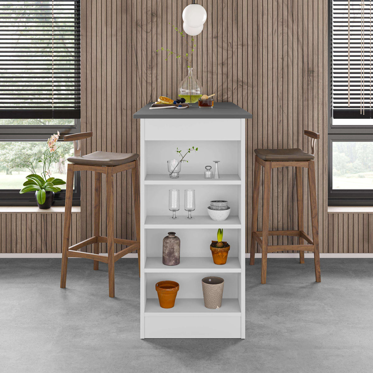 White modern kitchen bar table with storage shelves, open cubbies with kitchen accessories