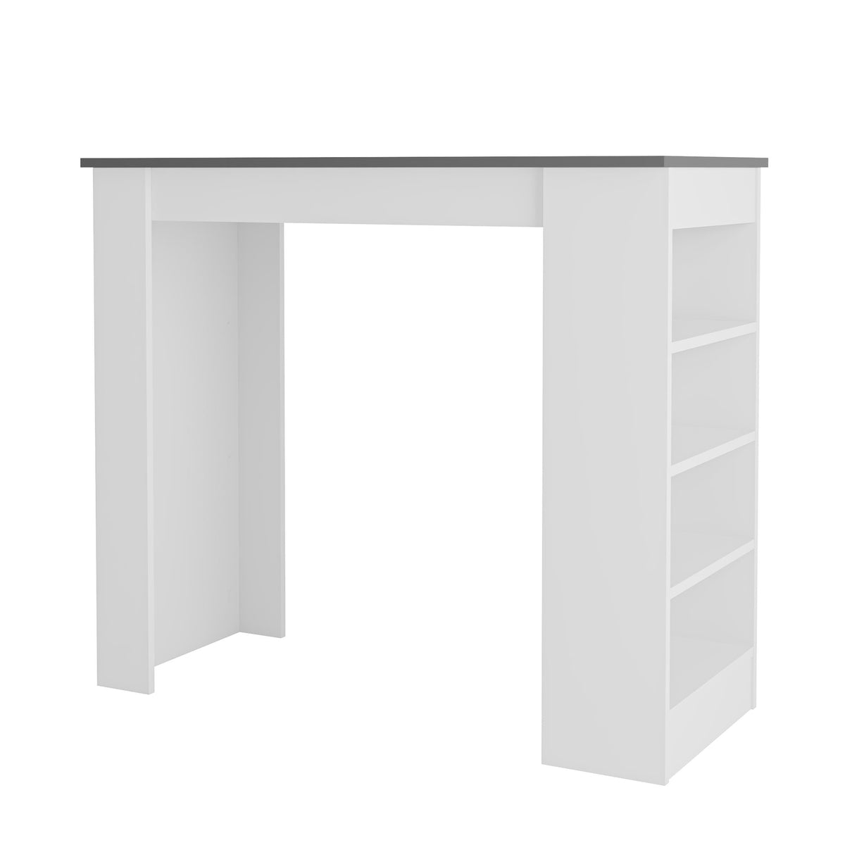 White kitchen bar table with dark top and vertical storage shelves on the right