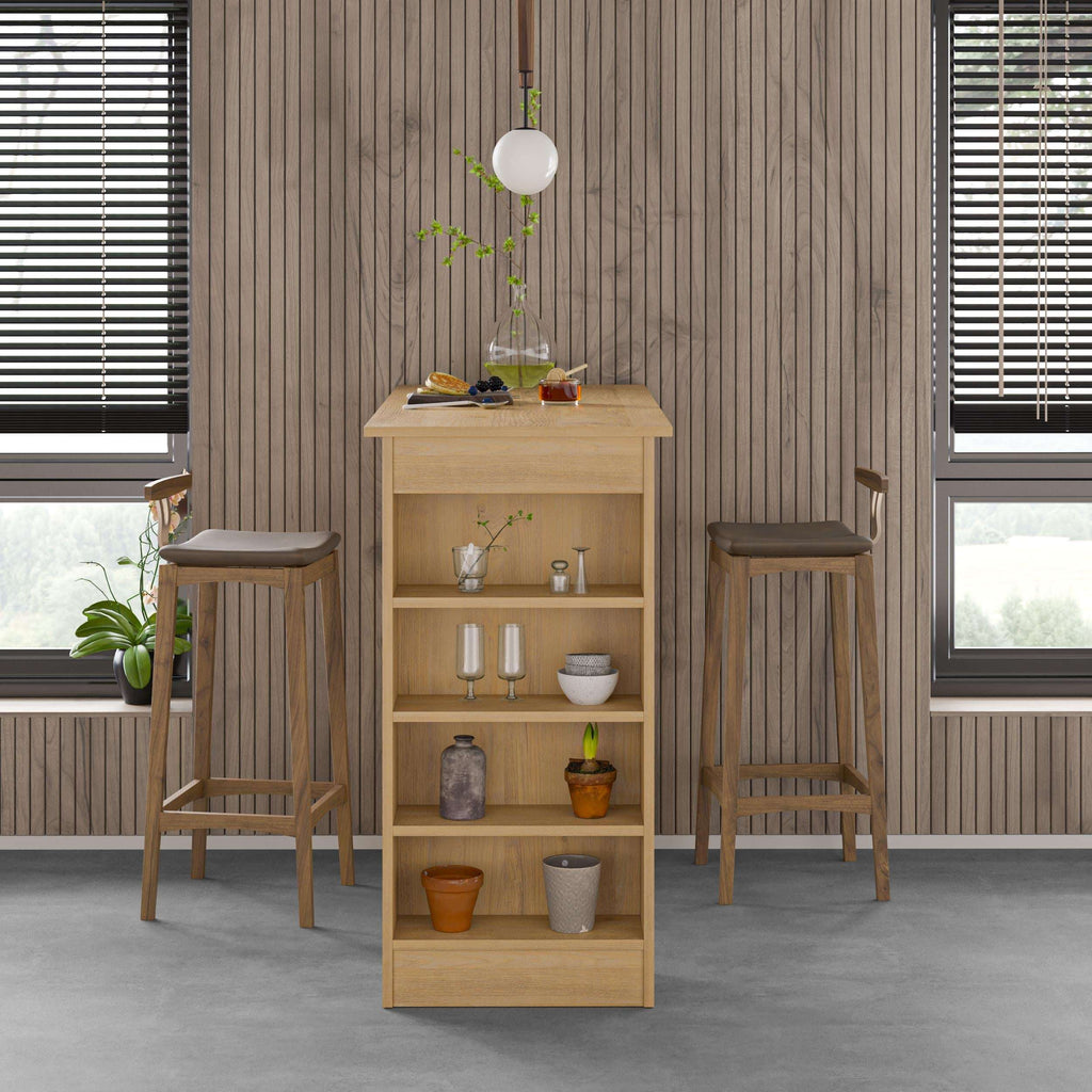 Light wood modern bar table with storage shelves and open cubbies with decor