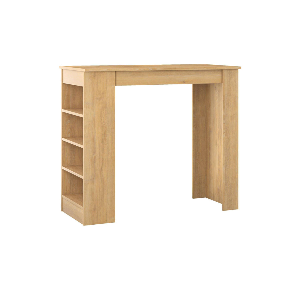 Light oak kitchen bar table with open side shelving for storage