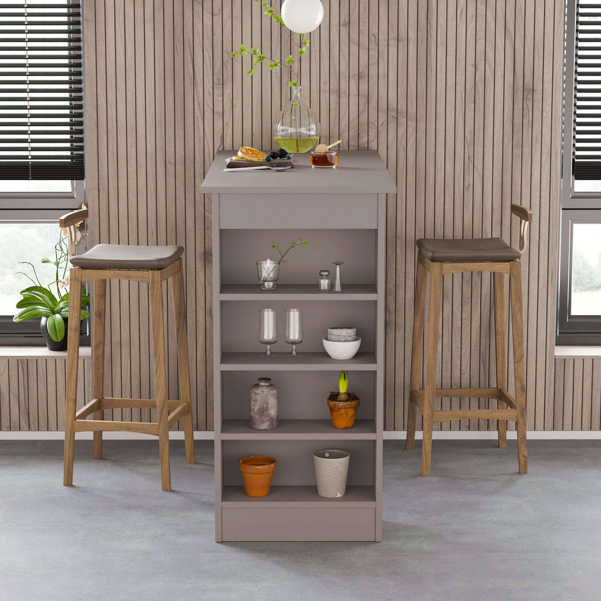 White bar table with open storage shelves and light wood top for dining