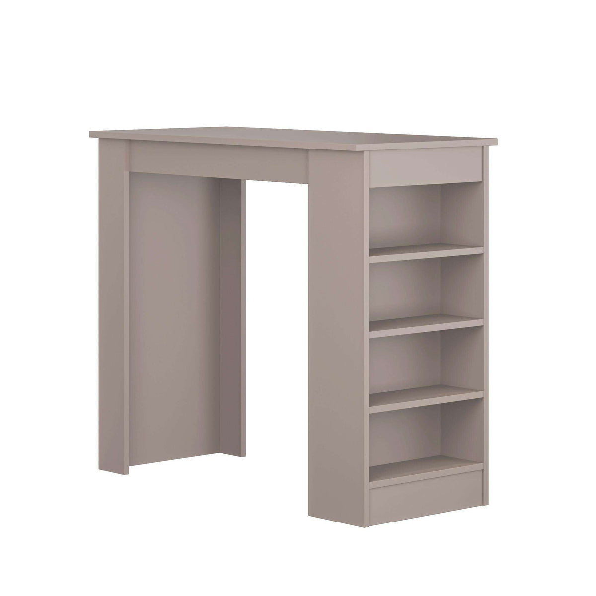 Grey kitchen bar table with right-side storage shelves and open inner space