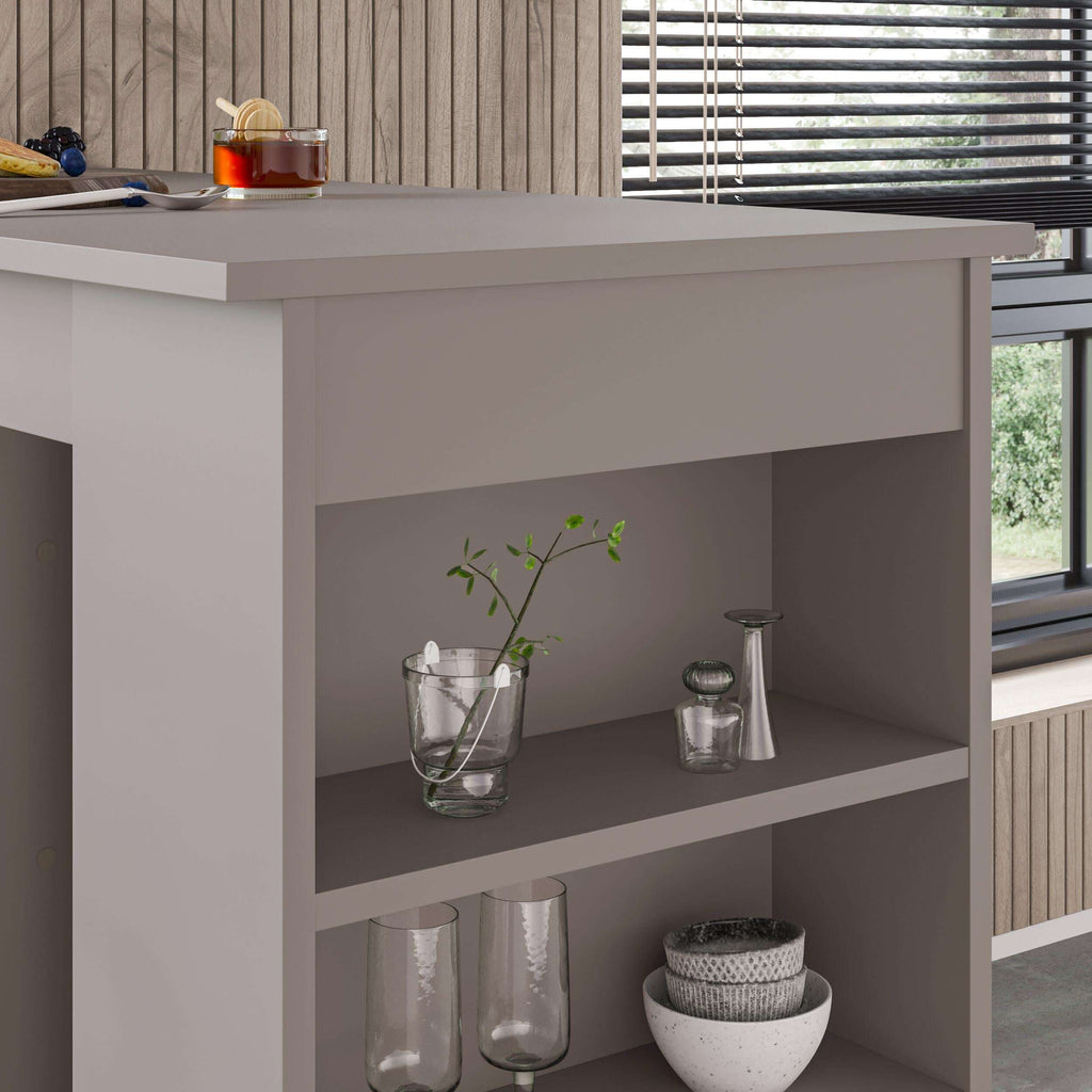 Modern kitchen bar table open shelving with glass containers and bowls