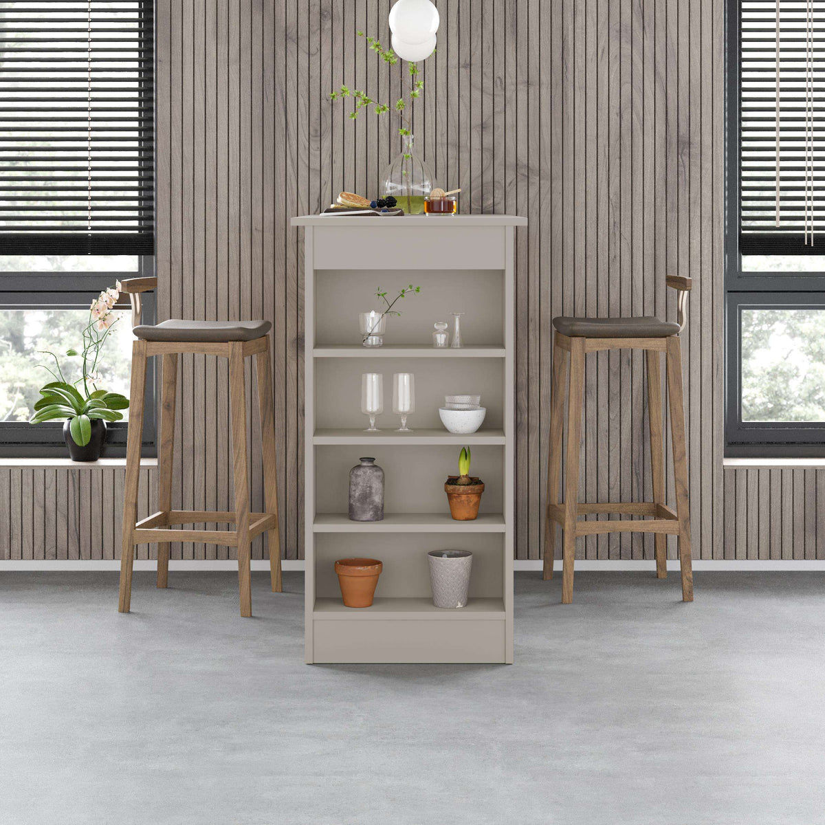 Modern kitchen bar table with storage shelves, light sandstone finish and open compartments