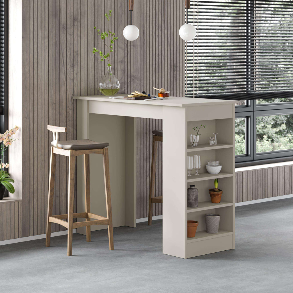Modern kitchen bar table with white base, dark top, and open storage shelves