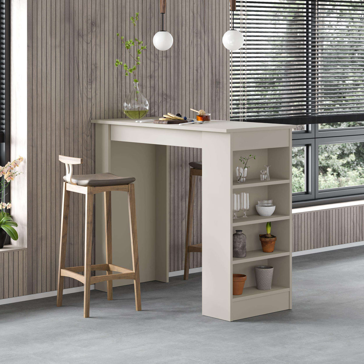 Modern kitchen bar table with white base, dark top, and open storage shelves
