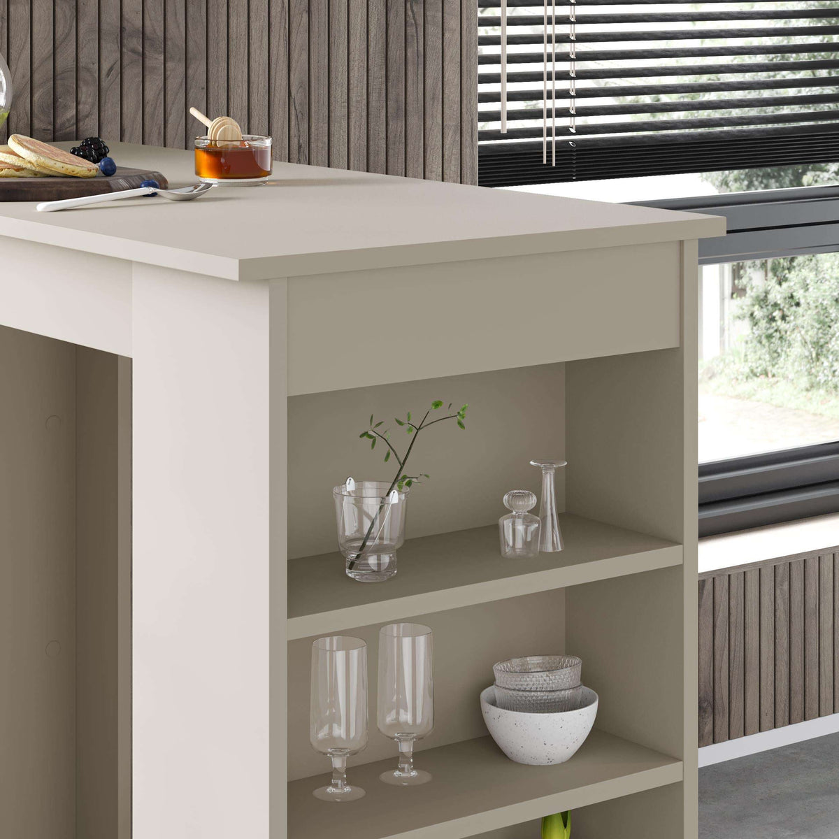 Kitchen bar table with storage shelves, open cubbies and drawer, light finish