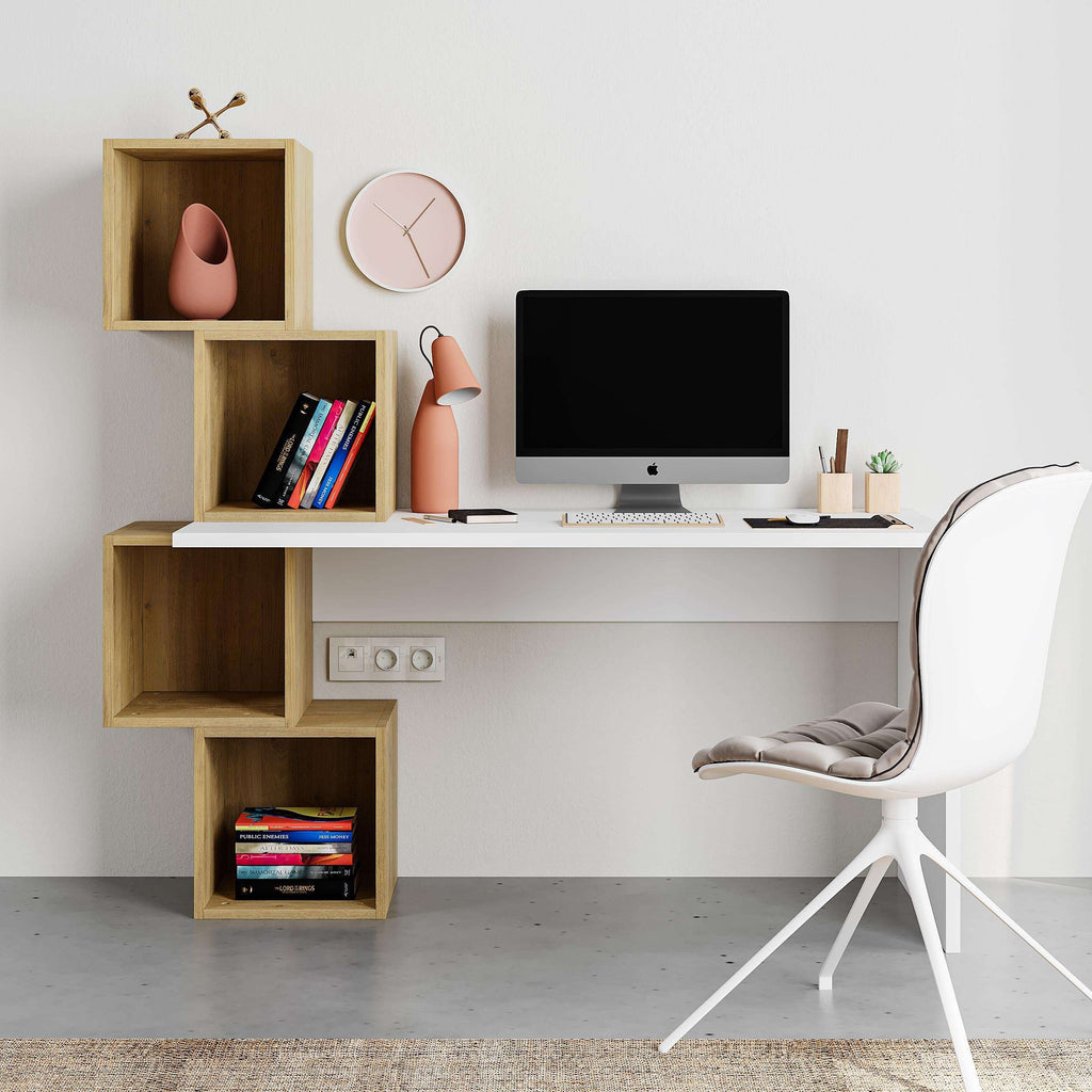 Oak and white modern desk with shelves, monitor on tabletop and cube book storage.