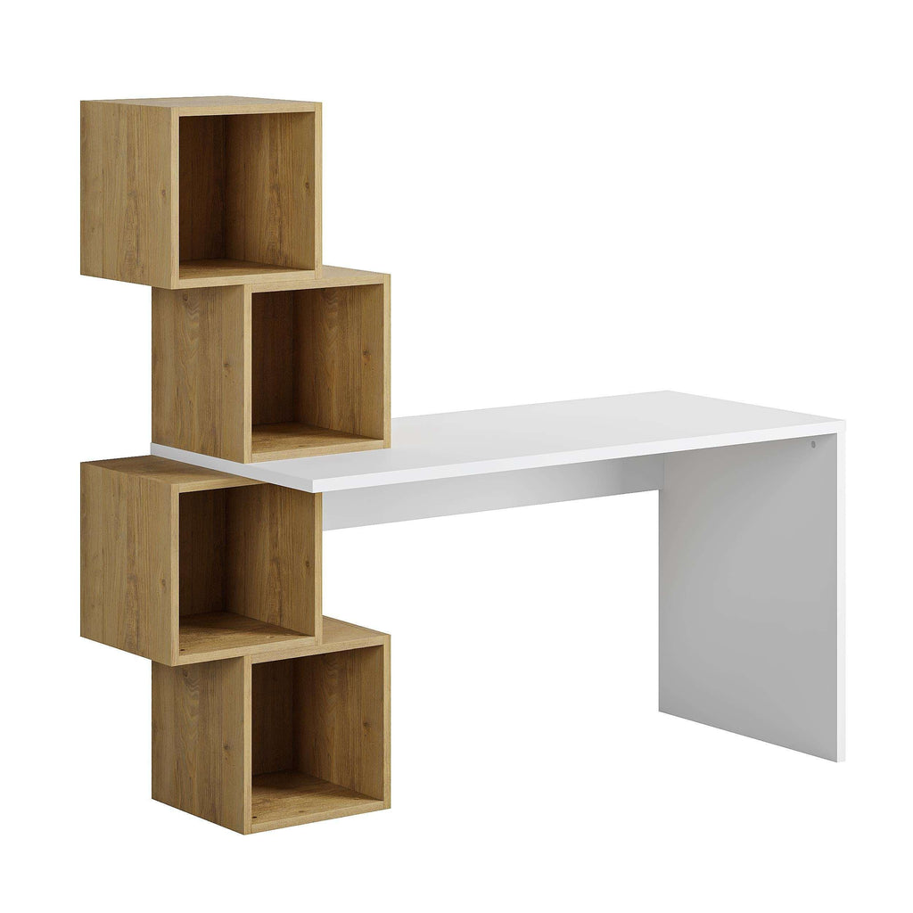Oak and white modern desk with shelves, cube storage units and wide tabletop.