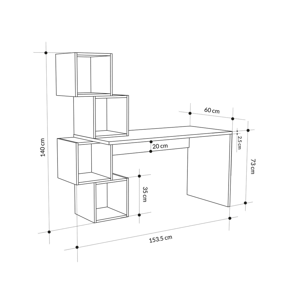 Desk layout with built-in shelves, measurements including 153.5 cm width