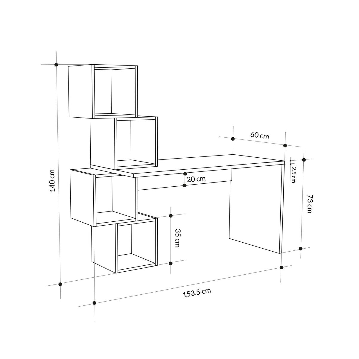 Desk layout with built-in shelves, measurements including 153.5 cm width