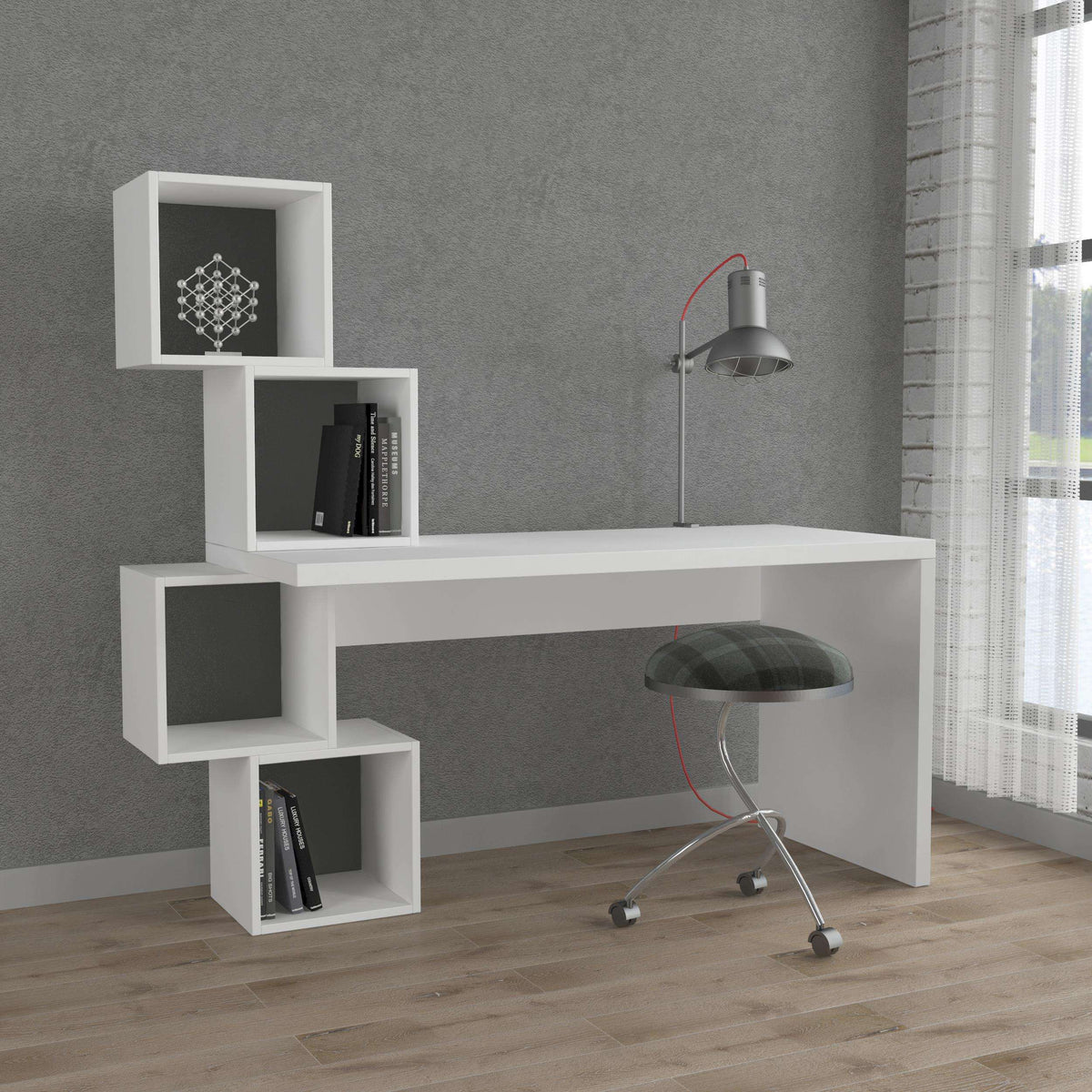 White modern desk with open shelves and cubbies, ready for office use