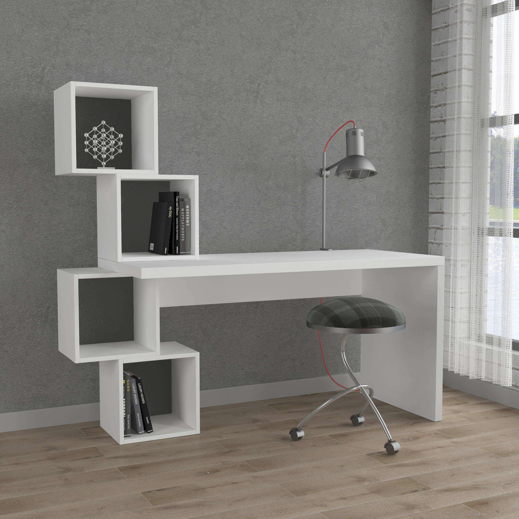 White modern desk with open cubbies and built-in shelves for storage