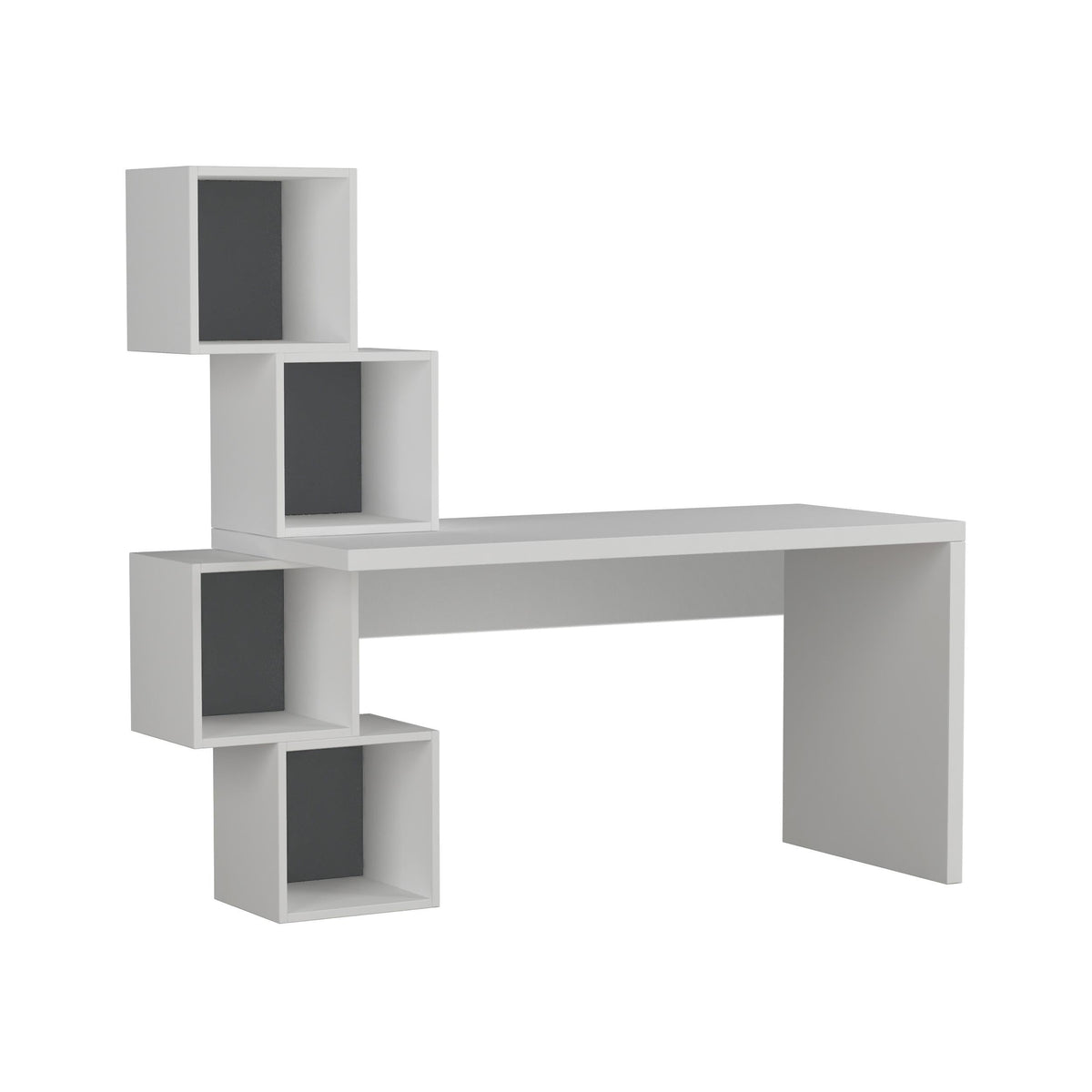 Modern desk with shelving blocks and dark gray interior panels