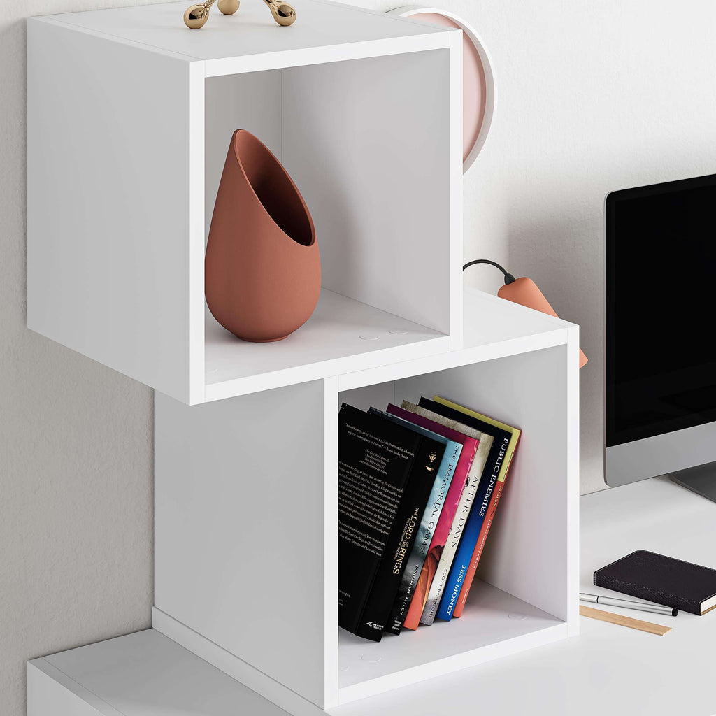 White cube-shelf desk with open storage compartments and tabletop for a workspace.