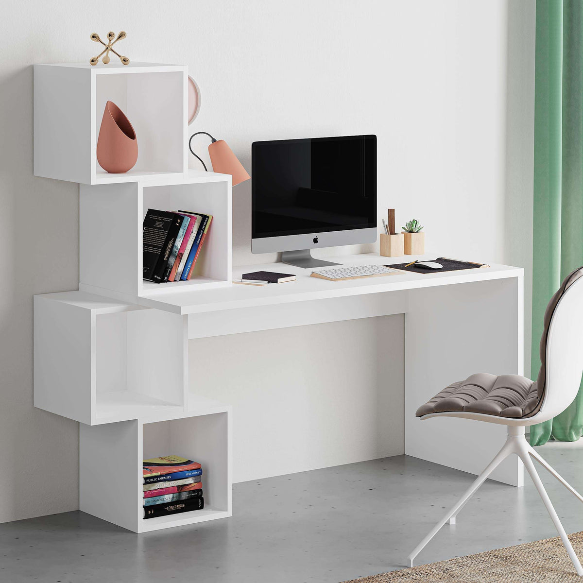 White desk with shelves and cube compartments for books, monitor and keyboard on top.