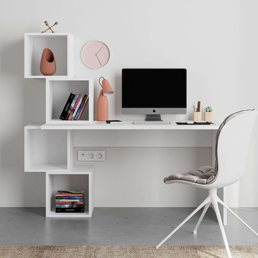 White modern desk with open shelving cubbies and built-in book storage