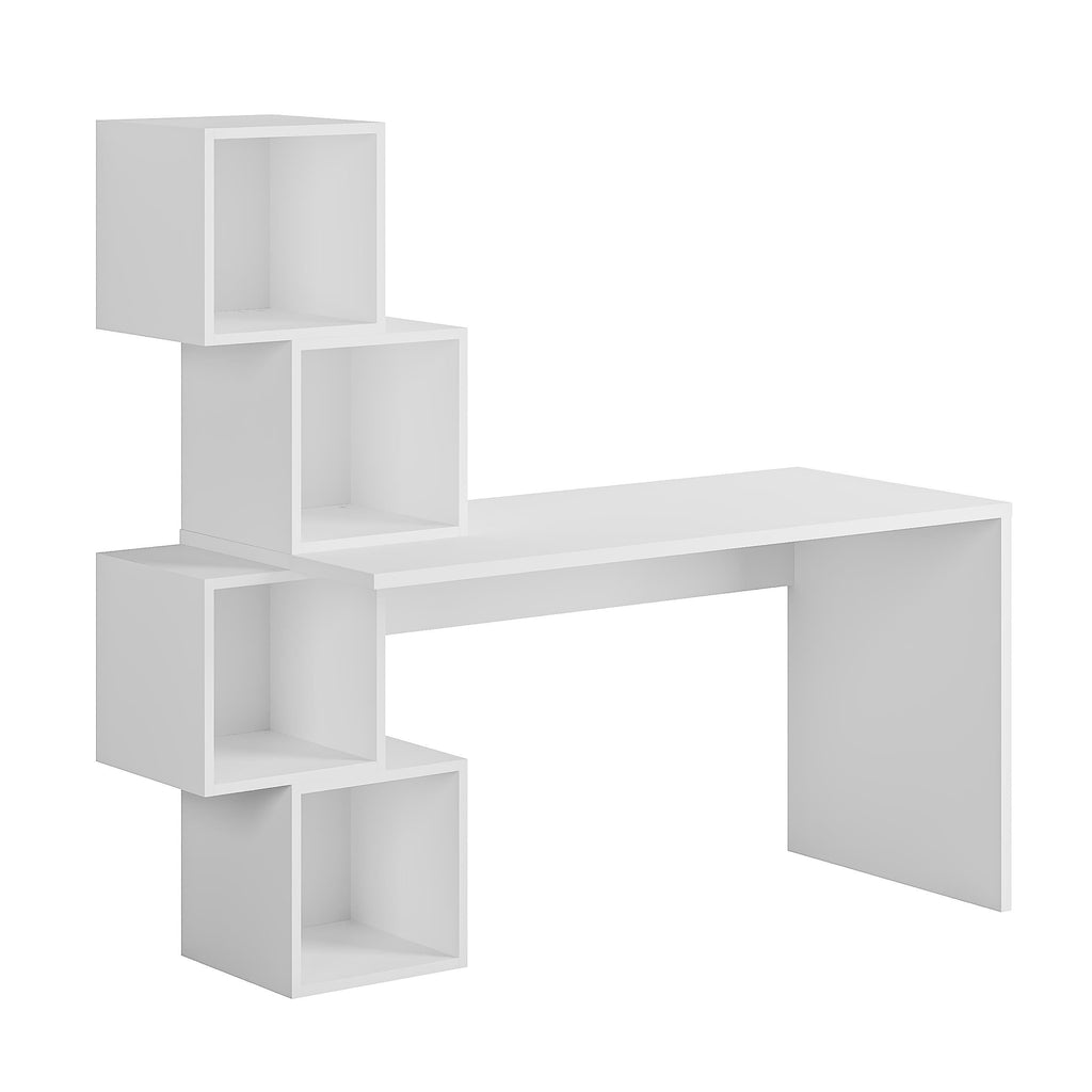 Modern desk with shelves in white, cube storage units and open tabletop.