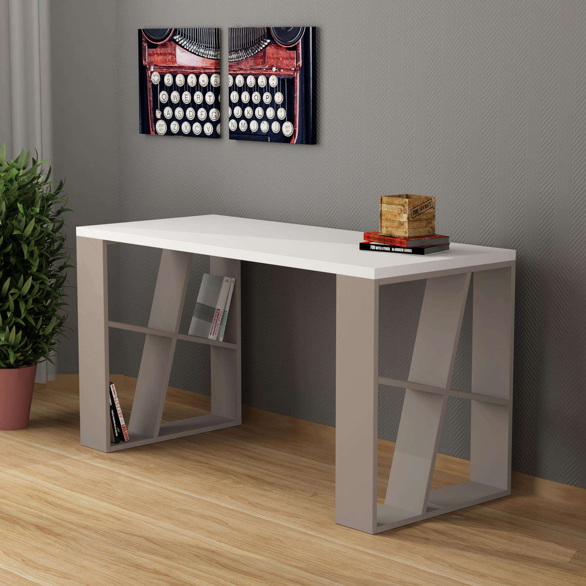 Light mocha and white desk with open bookshelf-style legs