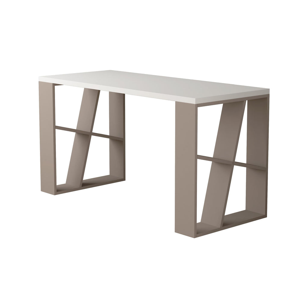 White modern desk with open shelving legs