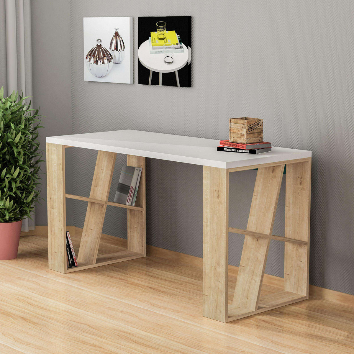 Oak and white desk with open bookshelf-style legs