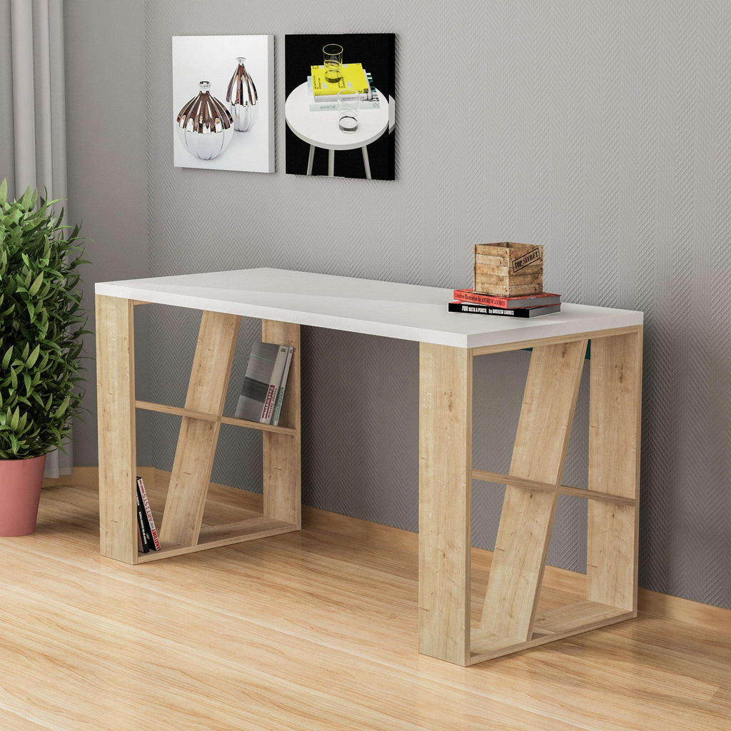 Modern desk with bookshelf legs, light wood panels and white tabletop
