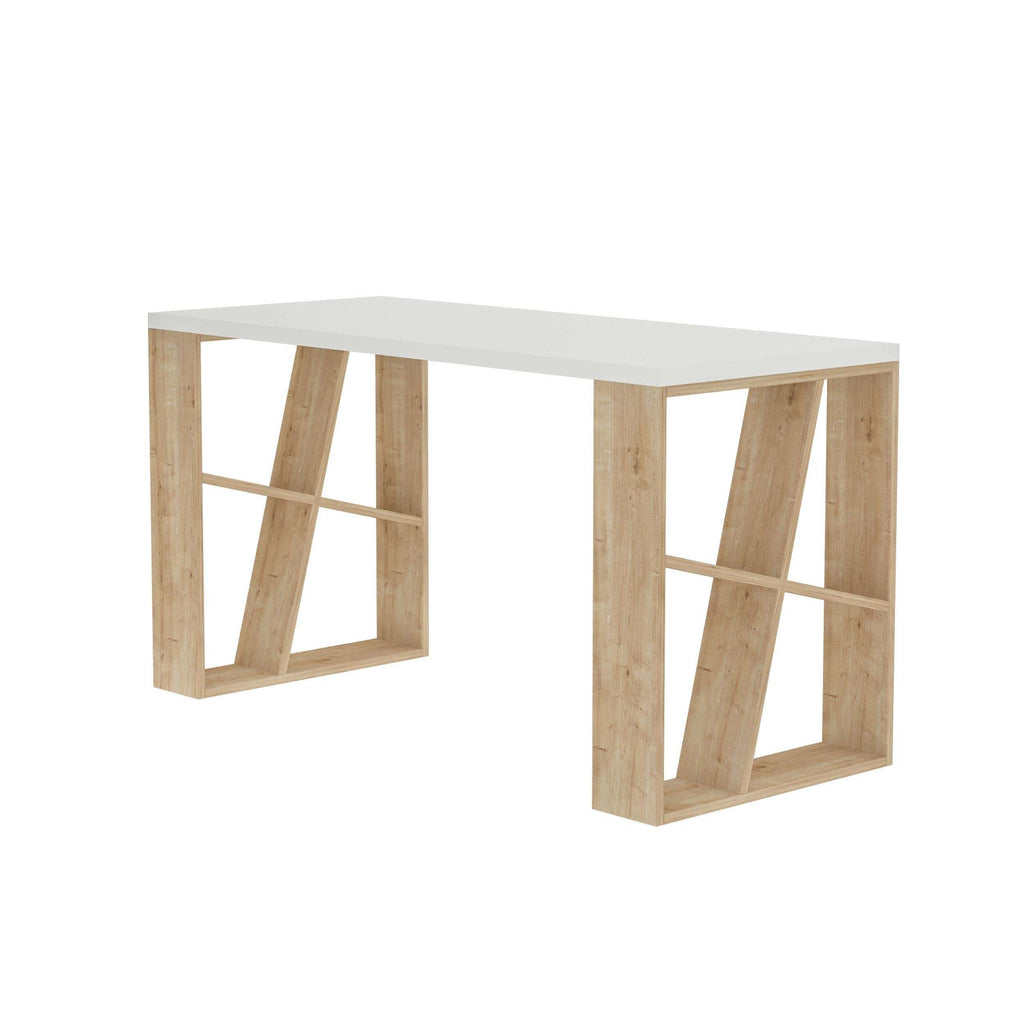 White tabletop modern desk with light wood bookshelf-style side supports