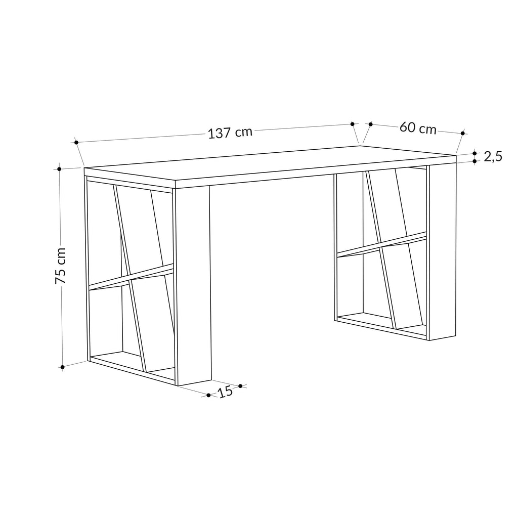 Modern desk dimension diagram: 137 cm wide, 75 cm high, 60 cm deep