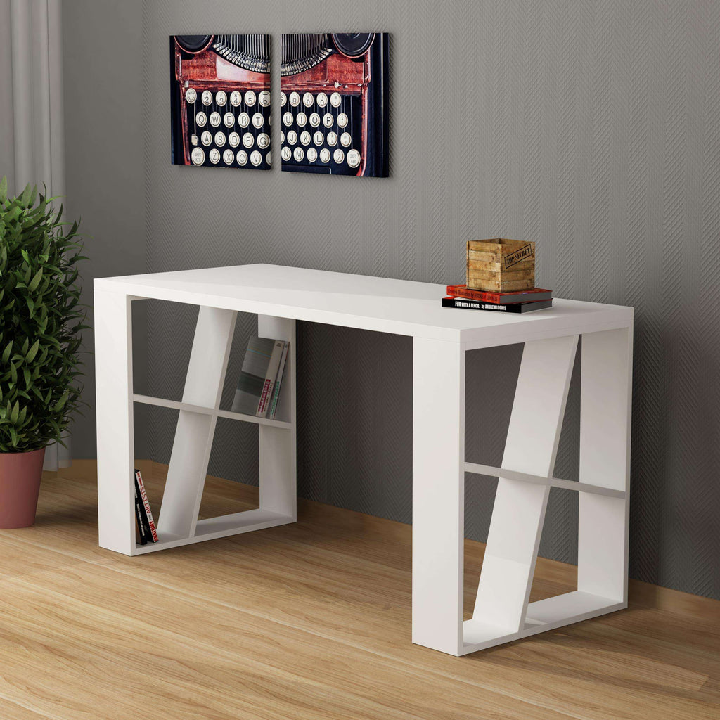 Modern white desk with built-in bookshelf legs and multiple open storage shelves