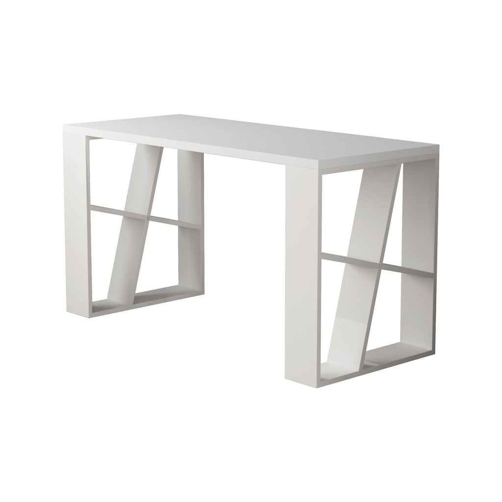 White desk with bookshelf legs and open cubby shelves under the tabletop