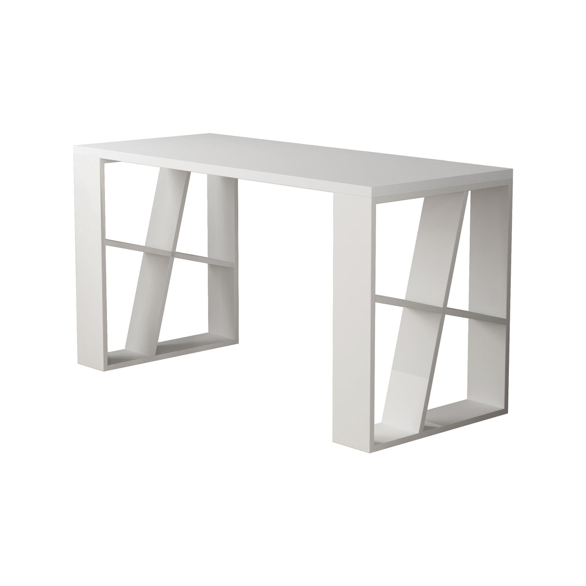 White desk with bookshelf legs and open cubby shelves under the tabletop