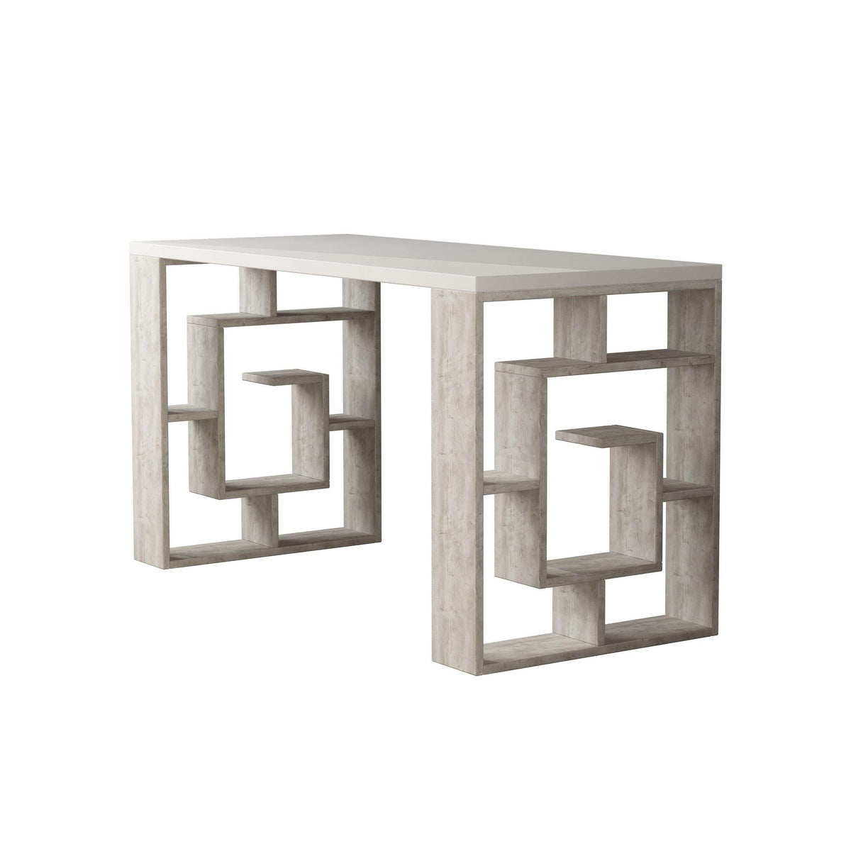 Modern desk with geometric bookshelf legs, white-washed frame and light gray top
