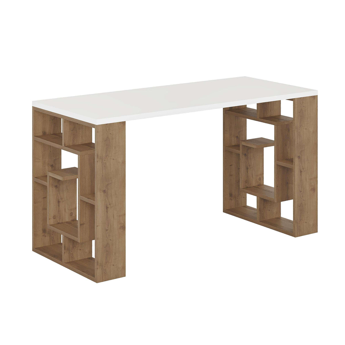Modern desk with built-in bookshelf legs, white tabletop and oak wood side shelves