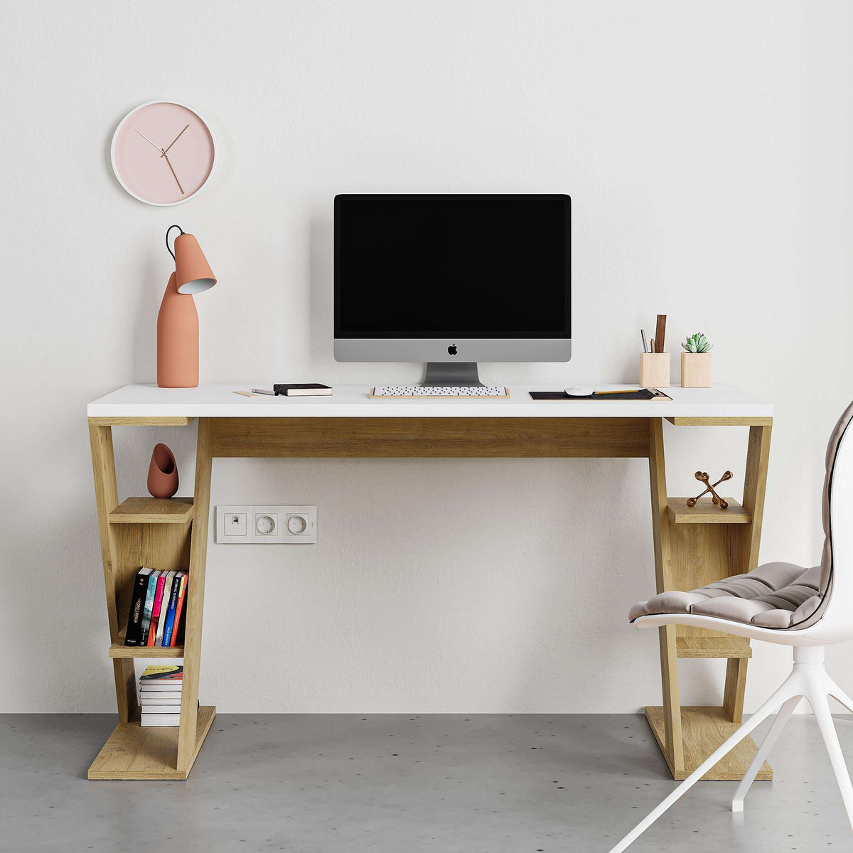 Light oak desk with built-in shelves on angled legs, wide tabletop for home office