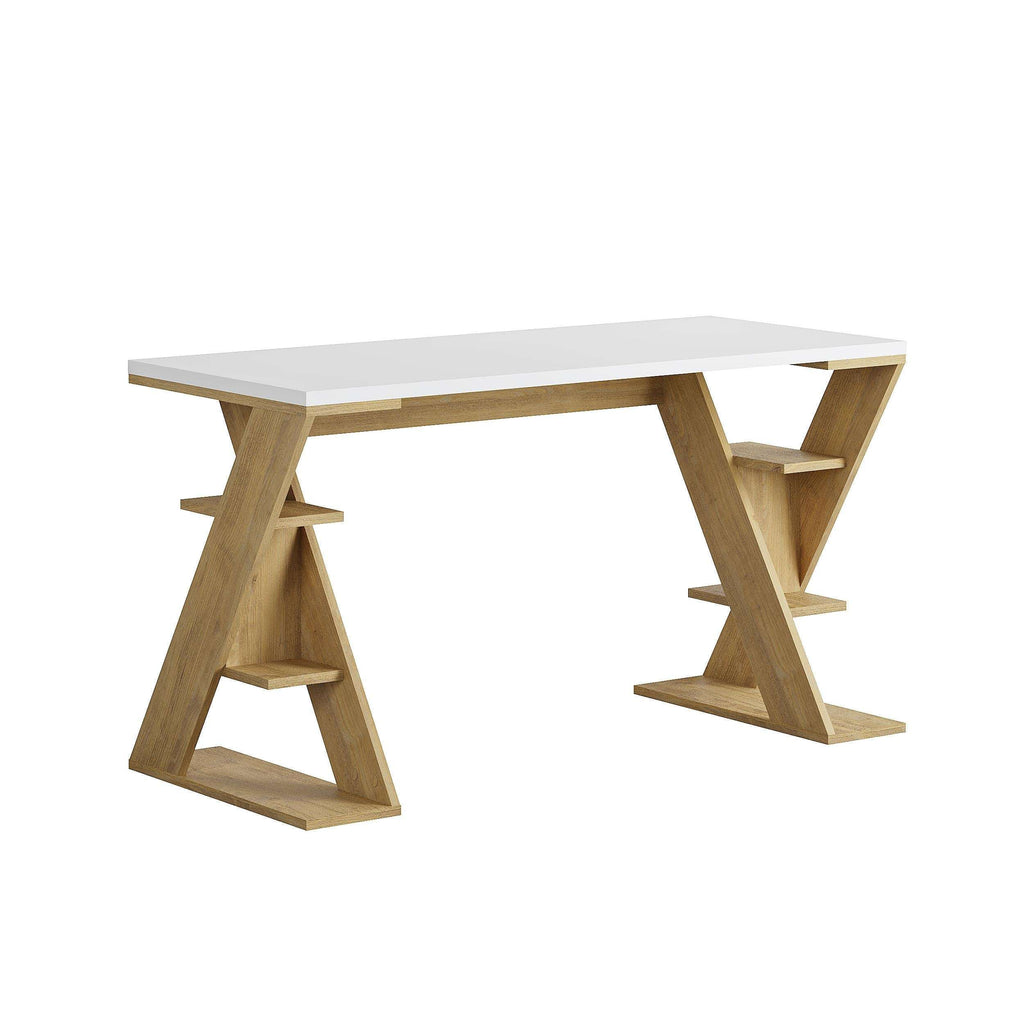 Modern desk with white top and light oak bookshelf-style support legs