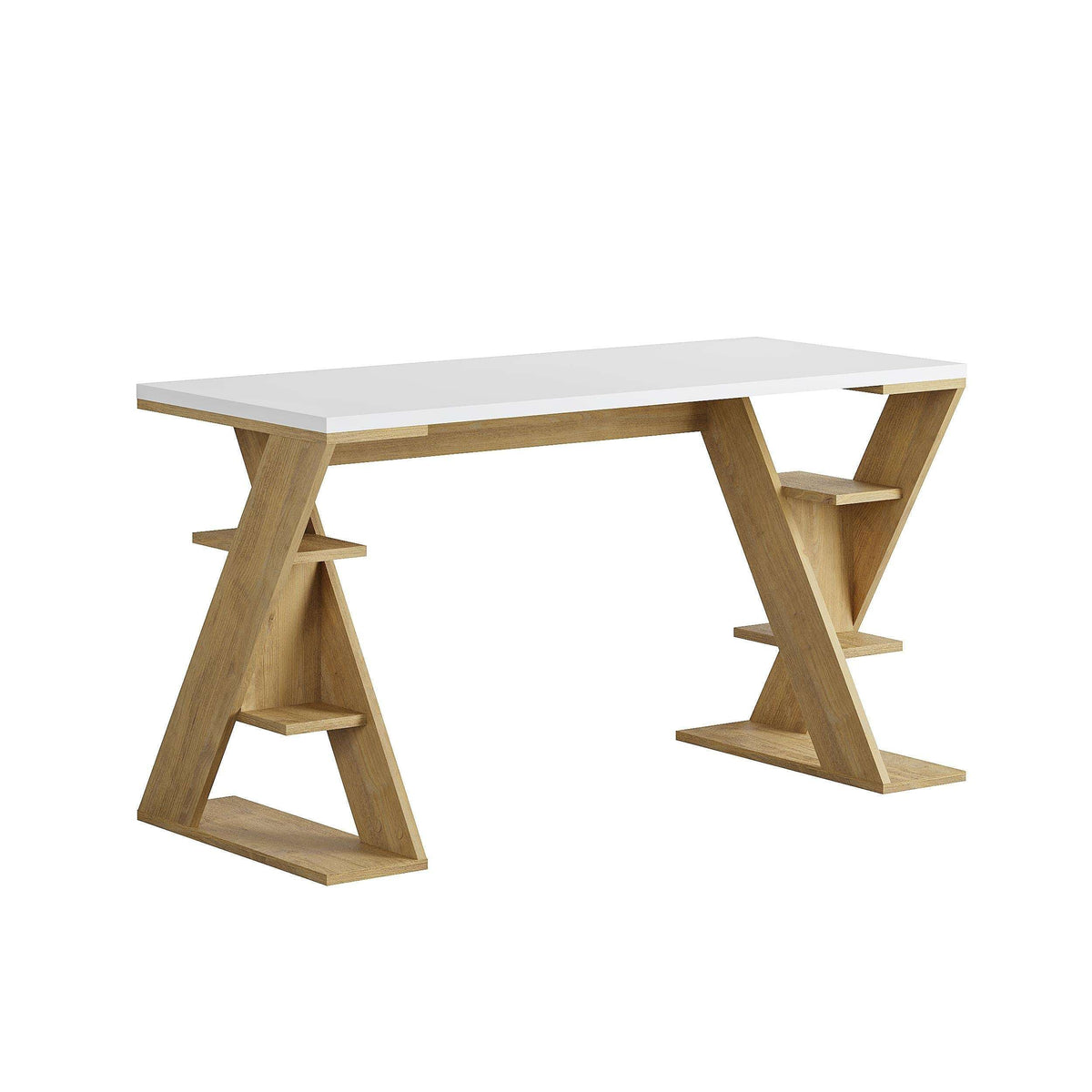 Modern desk with white top and light oak bookshelf-style support legs