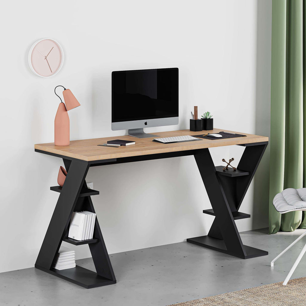 Modern desk with light wood top and black bookshelf-style legs, open storage shelves