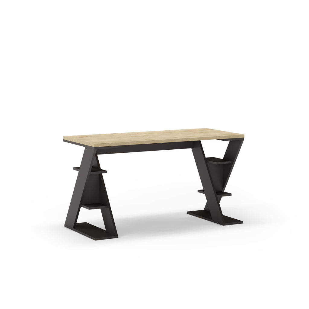 Modern desk with light wood tabletop and dark angled bookshelf legs, open shelves