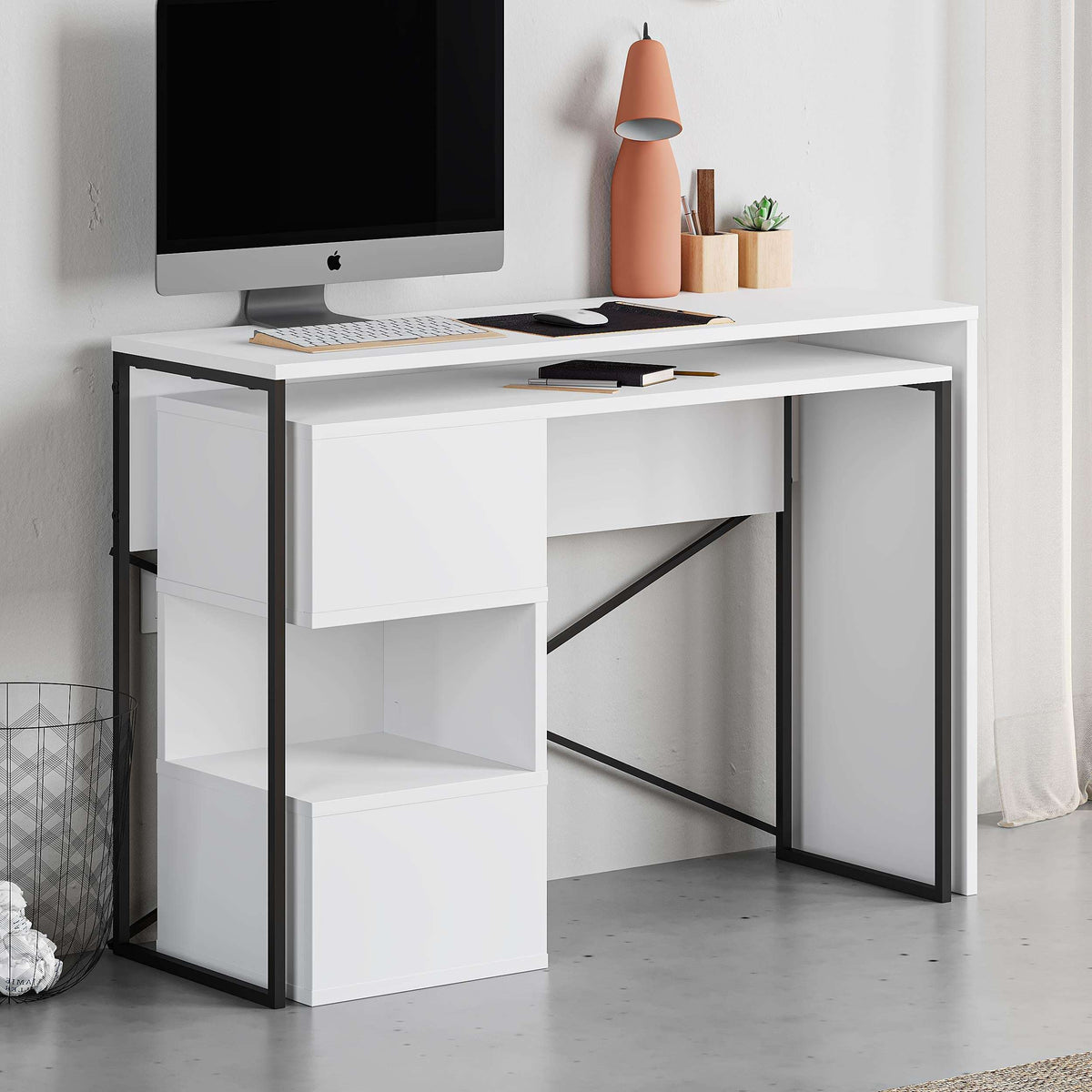 White desk with built-in book shelves and open cubby under the tabletop