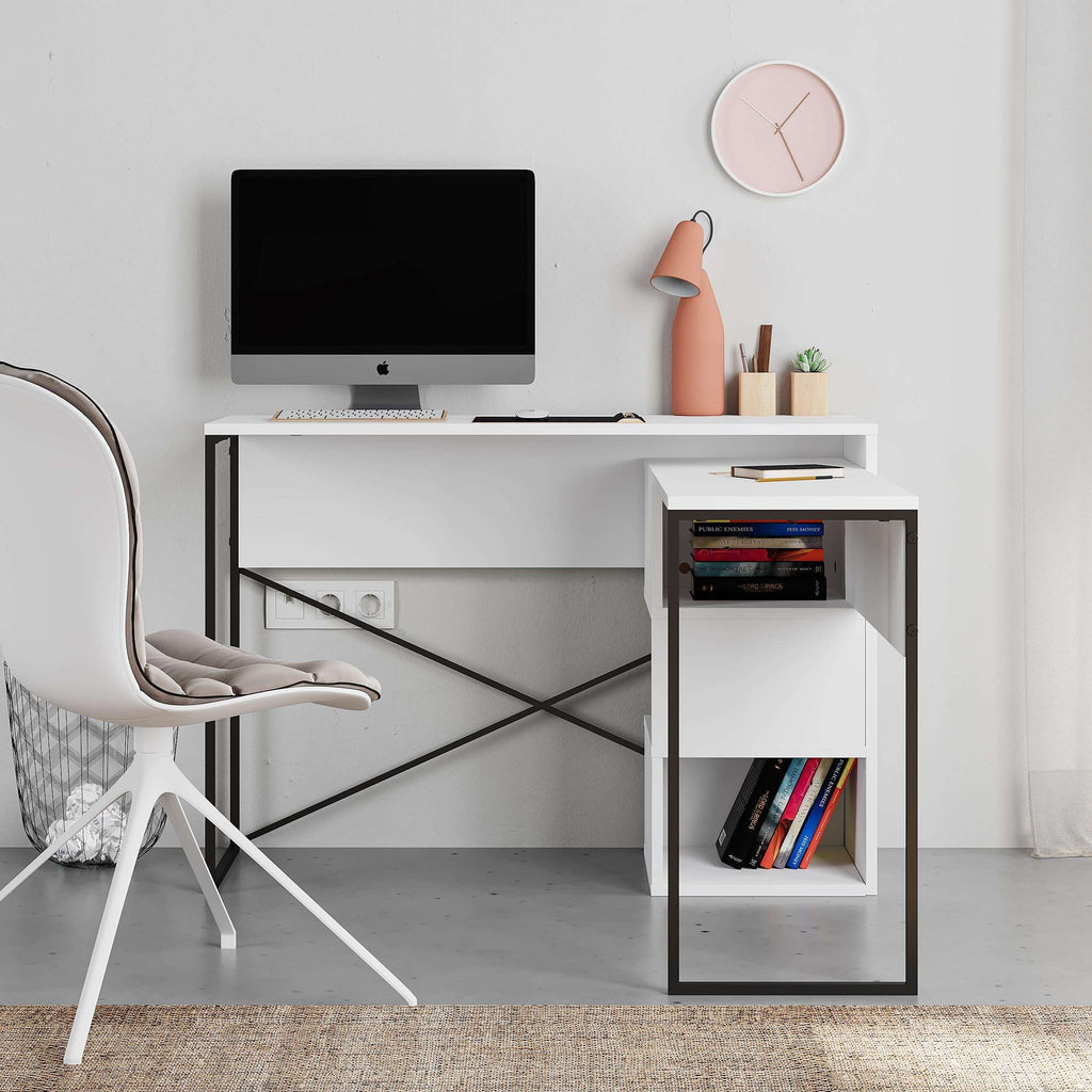 Gray L-shaped desk with open storage shelves and book cubby beside the workstation