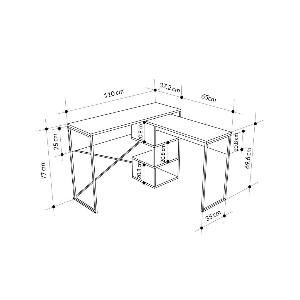 2-in-1 working table dimensions diagram, top view with storage measurements