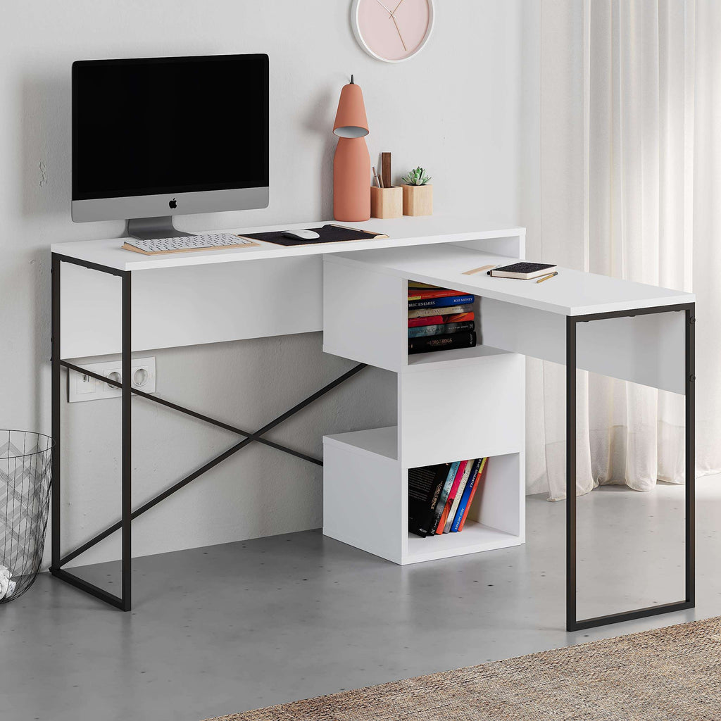 White 2-in-1 working table with side shelf storage and open cubbies