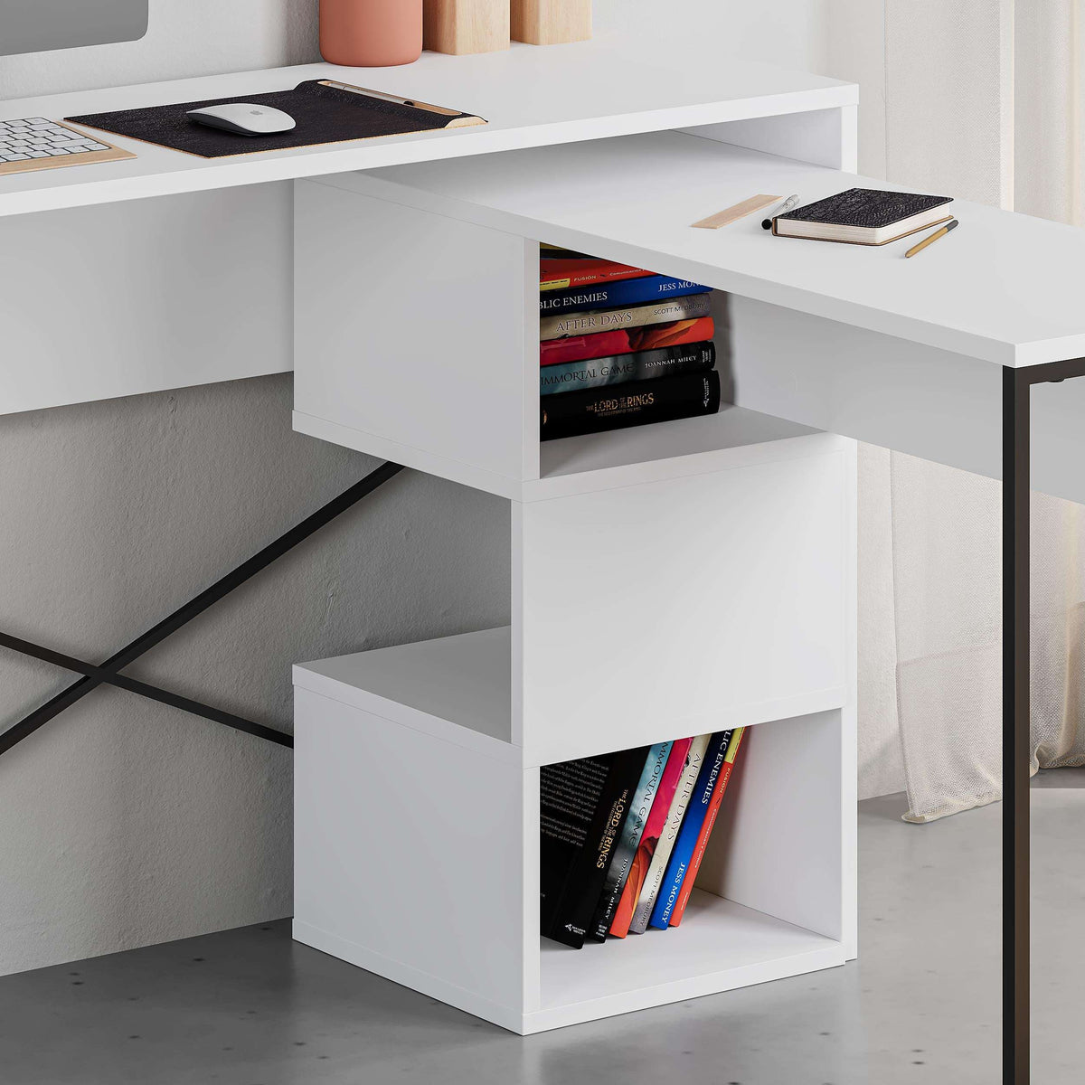 White multi-purpose working table with open shelves and drawer-style storage cubby