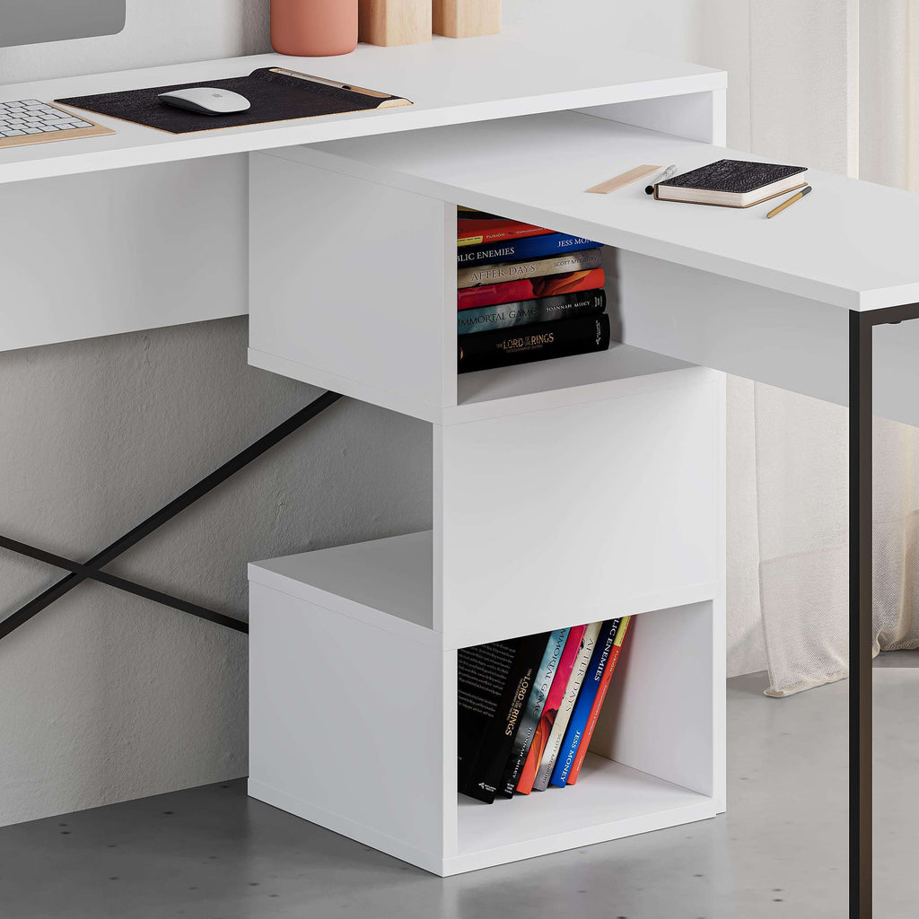 White working table with open cubby storage for books and office items