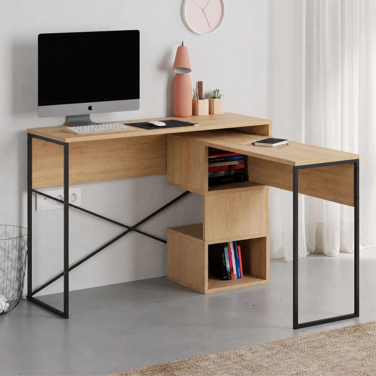 Woodgrain corner desk with open shelves and cubby storage for books and supplies