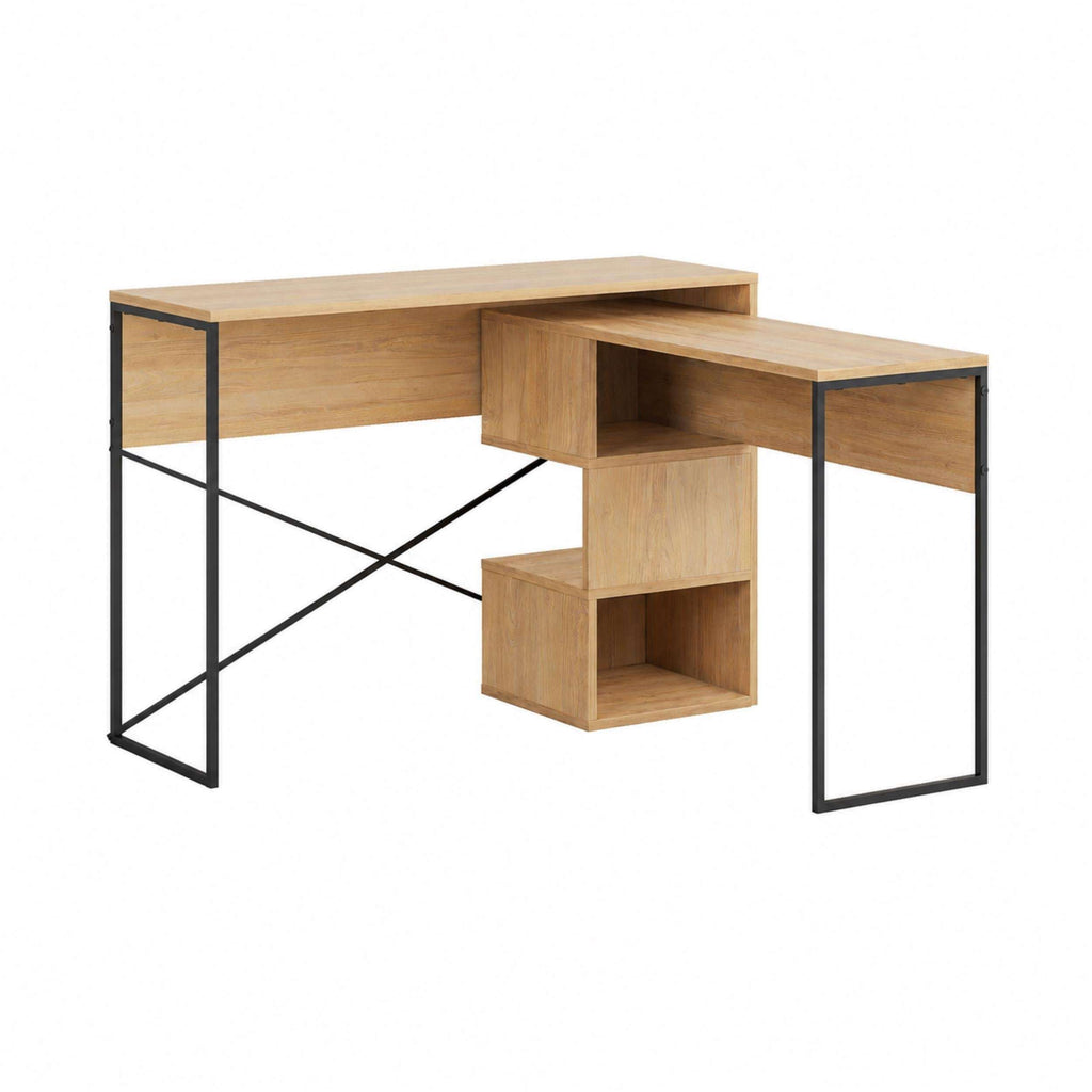Light wood multi-purpose desk with open cubby and integrated shelf sections